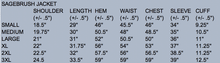 Load image into Gallery viewer, Sizing chart for Sagebrush Canvas Jacket showing measurements for chest, waist, and sleeve length for perfect fit.