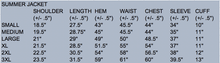 Load image into Gallery viewer, Summer canvas jacket sizing chart showing measurements for a perfect fit in various sizes.