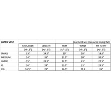 Load image into Gallery viewer, Women's Ashley Soft Shell Vest Sizing Chart displaying measurements to help choose the perfect fit for this breathable, water-resistant, and comfortable vest.