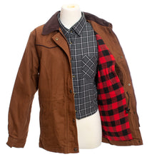 Load image into Gallery viewer, Durable Women's Shoshone Canvas Jacket featuring corduroy collar, plaid lining, adjustable waist, snap wrists, and YKK zipper with storm flap.