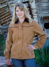 Load image into Gallery viewer, Women's Shoshone Canvas Jacket made with 12 oz cotton canvas, corduroy collar, plaid lining, adjustable waist, and YKK zipper with storm flap.