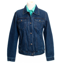 Load image into Gallery viewer, Women's Denim Concealed Carry Jacket features durable 12 oz denim fabric, snap front, chest pockets, and concealed gun holsters.