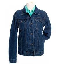 Load image into Gallery viewer, Functional and chic Women's Denim Concealed Carry Jacket with concealed gun holsters, snap closure, and classic chest pockets.