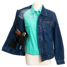 Load image into Gallery viewer, Women's Denim Concealed Carry Jacket combines classic style with hidden gun holsters for a fashionable and practical loo