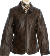 Load image into Gallery viewer, Premium Women's Kaycee Goatskin Leather Jacket with YKK metal zipper closure, hand-warming pockets, and polyester lining for comfort.