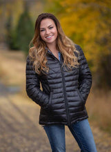 Load image into Gallery viewer, Women's Stormy Down Coat - Front View showcasing the 180 down fill, waterproof polyester/nylon shell, below-hip length hem, and YKK front zipper