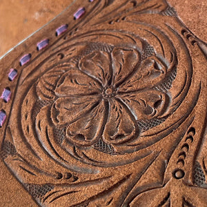 Purple Buckstitch detailing on the 12" Pocket Full of Daisy Barrel Saddle with C5 conchos