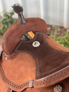 14.5" Alamo Air Viper Barrel Saddle, 19.5 lbs, with full padded suede seat and custom CI concho set.