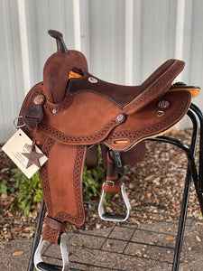 14.5" Alamo Air Viper Barrel Saddle with locking Blevins, leather-wrapped horn, and in-house made tree.