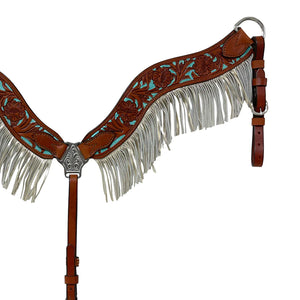 2-1/2" Wave Breast Collar – Toast Leather Floral Tooled with Background Paint & Fringe for a Bold Look