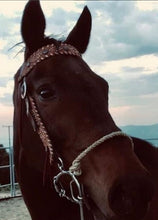 Load image into Gallery viewer, 1-1/2&quot; straight cowboy browband headstall with rough-out chocolate leather and copper, patina spots.