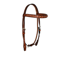 Load image into Gallery viewer, Western 1-1/2&quot; cowboy browband headstall with copper crackle lace, antique copper spots, and rough-out chocolate leather.