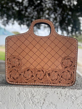 Load image into Gallery viewer, Stylish #6 Traveling Cowboy Copper briefcase with hand tooling, Buckstitch accents, and a versatile removable strap for easy carrying.