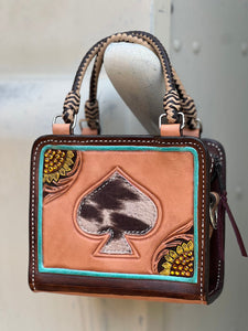 Handmade Baby Bronco Handbag-Sunflower Ace with hand-tooled design, cow suede, turquoise shimmer, and crystal accents.