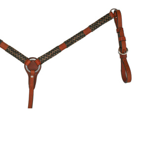 1" Breast Collar in Toast Leather with Natural and Black Rawhide Braiding provides a secure, stylish fit.