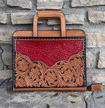 Load image into Gallery viewer, Stylish Cowboy Briefcase Red Gator with compartments for papers, tech, and personal items, perfect for equestrians and travelers.