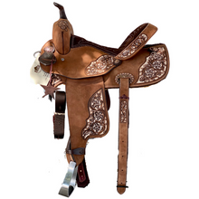 Load image into Gallery viewer, IRO Barrel saddle with semi-quarter 6.5” gullet, 13” bar spread, wood fiber glass covered tree.