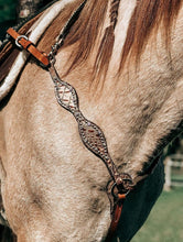 Load image into Gallery viewer, 2&quot; Scalloped Breast Collar in Golden Leather with Gator Overlay, Swarovski Crystals, and SS Spots.