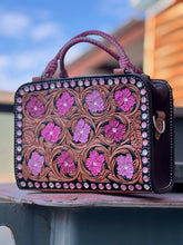 Load image into Gallery viewer, Handcrafted Malibu Barbie Bronco Handbag with pink crystals, floral tooling, and rawhide braided handles. Perfect for all occasions.