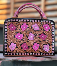 Load image into Gallery viewer, The Malibu Barbie Bronco Handbag in golden leather with floral tooling and pink crystals for a stylish, western look.