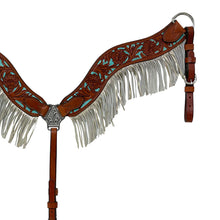 Load image into Gallery viewer, Wave Breast Collar Toast Leather Floral Tooled with Paint &amp; Fringe features floral tooling, turquoise paint, and fringe for a secure, stylish fit.