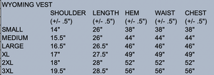 Here’s a basic example of how you could structure a size chart for the Wyoming Wool Vest.