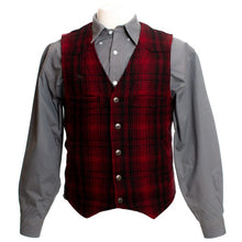 Load image into Gallery viewer, Wyoming Wool Vest in red and black plaid, crafted from 22-ounce Australian wool, with satin lining and front welt pockets.