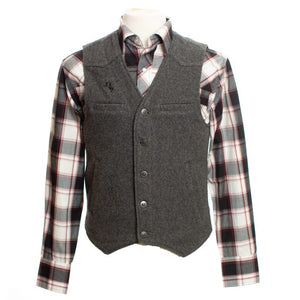 Premium Wyoming Wool Vest in red and black plaid, made from 22-ounce Australian wool with satin lining and welt pockets.