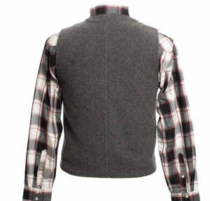 Stylish Wyoming Wool Vest in red and black plaid, 22-ounce Australian wool, satin lining, and front welt pockets.