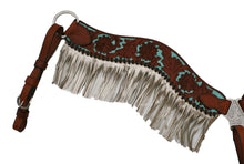 Load image into Gallery viewer, 2-1/2&quot; Wave Breast Collar – Toast Leather Floral Tooled with Turquoise Shimmer Background &amp; Fringe