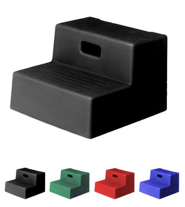 2 Step Mounting Block with two 10" deep steps, 15" height, and built-in handle for easy lifting and mounting.