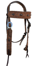 Load image into Gallery viewer, 2012-CP Chocolate Roughout Headstall with copper crackle whip lace and antique copper, patina spots