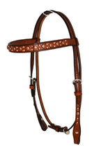 Load image into Gallery viewer, 2014-TC Headstall with Copper Spots, featuring rough-out chocolate leather, copper crackle lace, and antique copper spots.