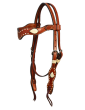 Load image into Gallery viewer, 2117-BI Wave Toast Leather Headstall with white Buckstitch, teardrop accents, and bleached rawhide loops for a stylish Western look.