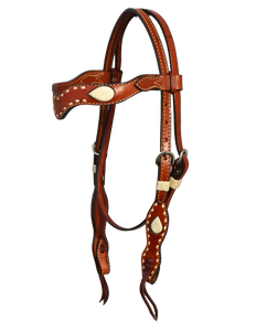 2117-BI Wave Toast Leather Headstall with white Buckstitch, teardrop accents, and bleached rawhide loops for a stylish Western look.