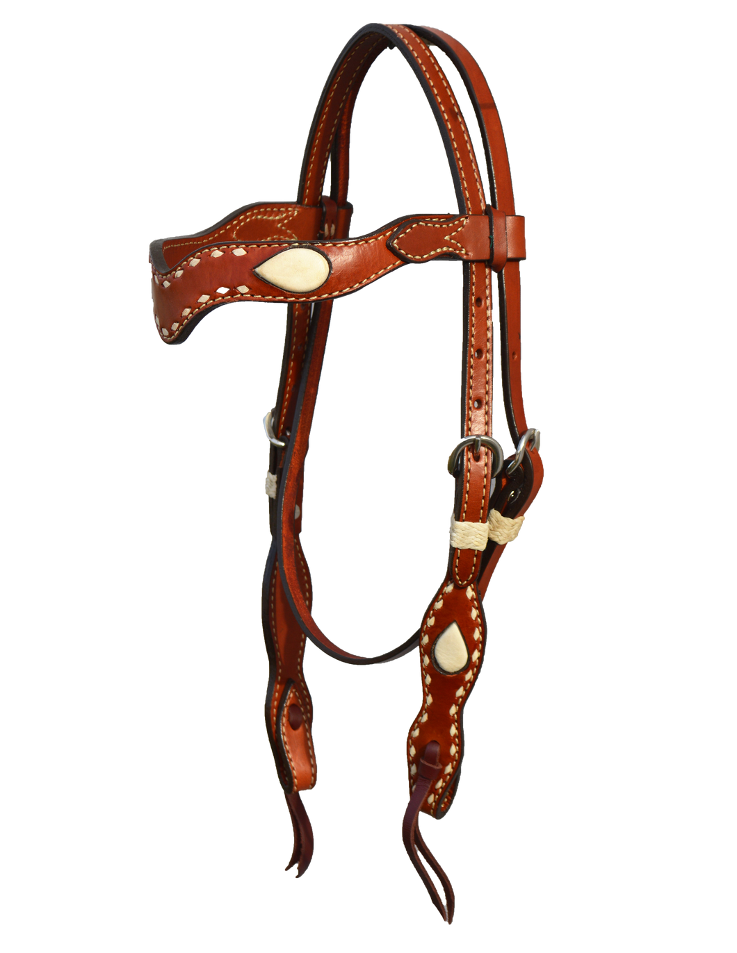 2117-BI Wave Toast Leather Headstall with white Buckstitch, teardrop accents, and bleached rawhide loops for a stylish Western look.