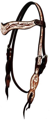 Headstall Wave Style;  Rough-Out With Floral Tooling With Ivory Paint in a Rustic Finish