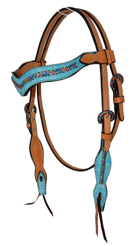 Sleek & Slim Wave Headstall With Fiesta Braiding, Turquoise Marble Overlay