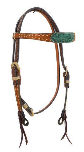 Contoured Headstall Chocolate Smooth out With Turquoise Leather Patch