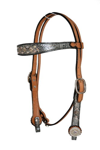  Contoured Brow Headstall With Silver Python Overlay, Spot, Crystals & Conchos (PZM)