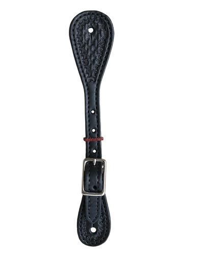 370-KA Ladies and Kid's Spur Strap with black leather and basket tooling for a classic Western look.