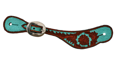 Ladies Spur Strap With Floral Tooling & Turquoise Paint