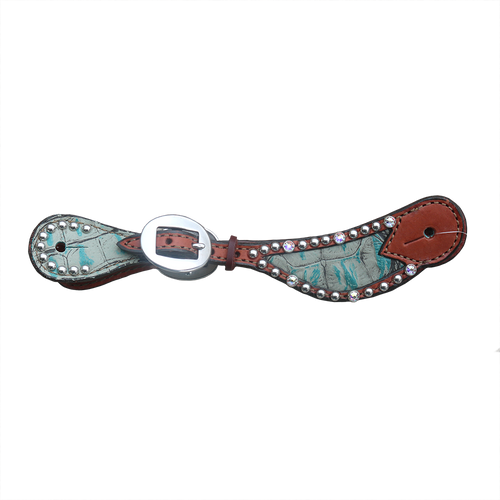 382-JGT Golden Spur Strap with turquoise gator inlay, Swarovski crystals, and SS spots for a stylish Western look.