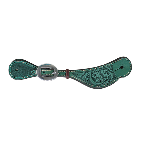 Ladies Spur Straps Turquoise, Leather Floral Tooling