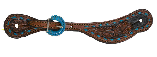 382-TTBS Ladies Spur Strap with turquoise Buckstitch, TTBS tooling, and braided buckles for a stylish Western look.