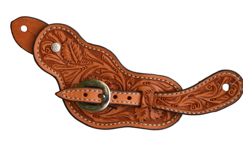 383-FL Ladies Spur Strap with golden leather, floral tooling, and a button cover for a stylish Western look.