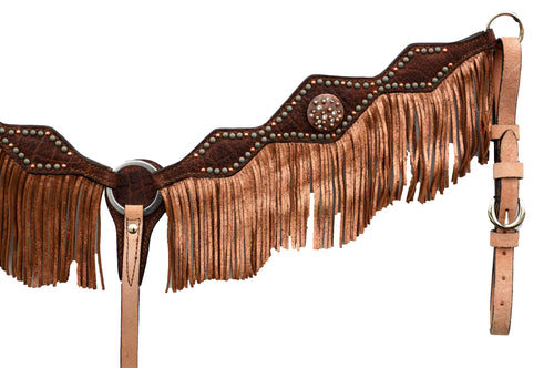  Diamond Cut Breast Collar With Redwood Elephant Overlay With CI Conchos and Fringe