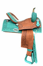 Load image into Gallery viewer, Pleasure Saddle In Turquoise Leather With Square Cut Skirt With Gator Seat