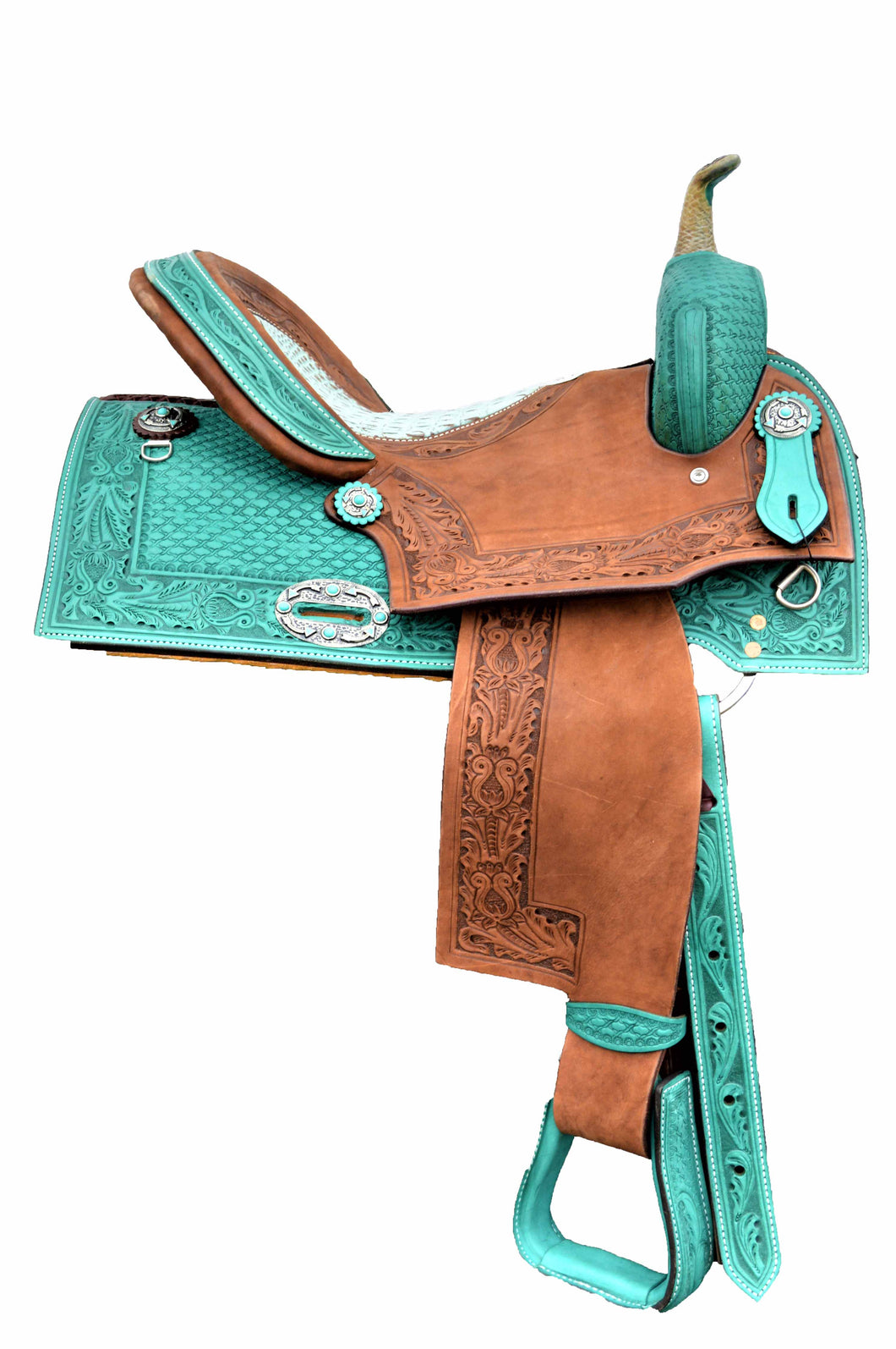 Pleasure Saddle In Turquoise Leather With Square Cut Skirt With Gator Seat