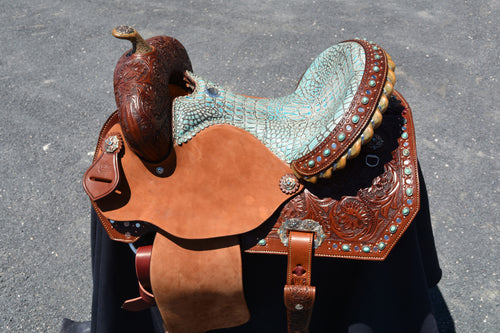 Barrel Saddle Toast Leather Half Floral Tooled Turquoise Gator Seat